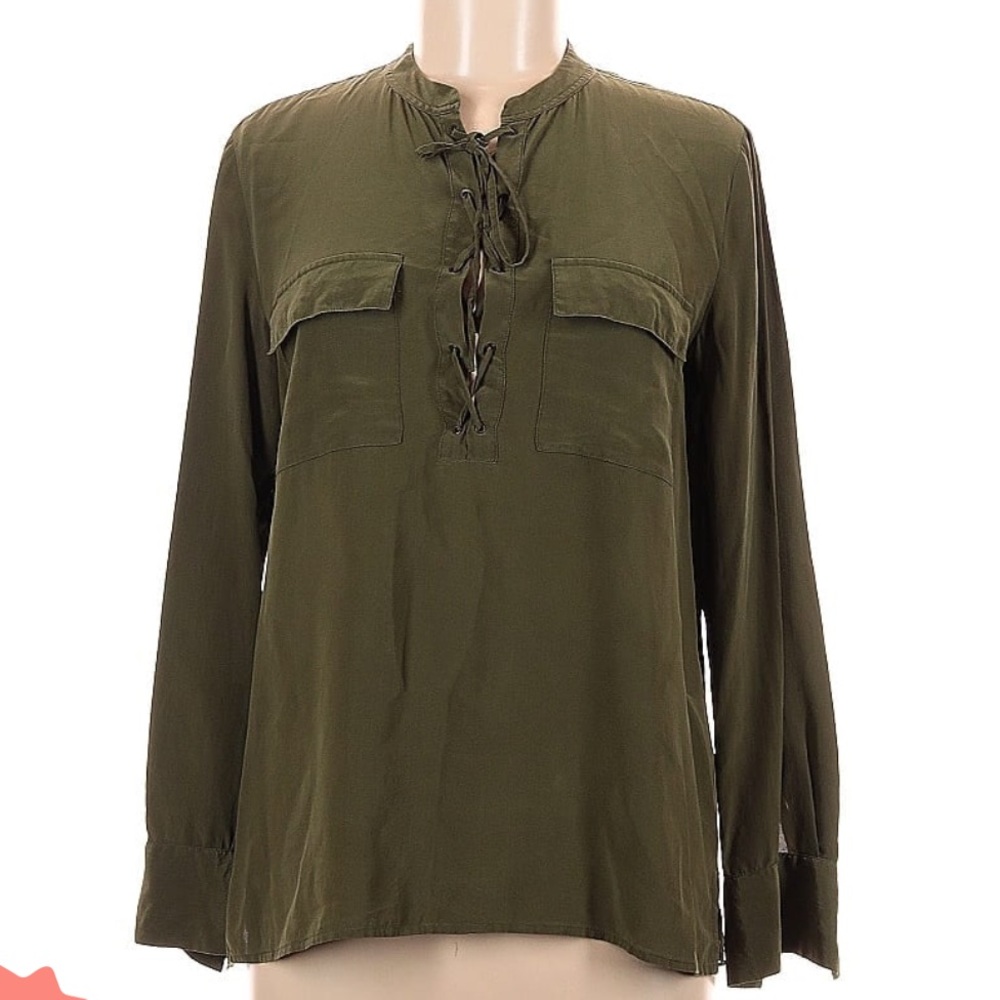 Madewell olive green long sleeve lace-up silk blouse size Medium